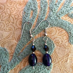 Navy blue glass bead and 925 silver earrings
